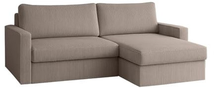 Ecksofa FARO MINI mit Schlaffunktion und Stauraum – Kompaktes Sofa 224 cm – Cordstoff POSO – für kleine Räume – modernes Design (Beige, Rechts)
