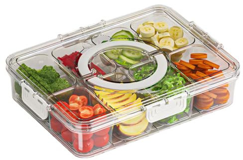Kepuarm Snackbox mit 8 Fächern und Deckel – Auslaufsicherer Snackteller Organizer für Süßigkeiten, Nüsse, Obst, Gemüse, Kekse und Desserts (Transparent-mit 8 Fächern)