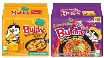 Buldaak Hot Chicken Cheese Flavour Ramen (5 x 140g) + Buldak Habanero Lime Hot Chicken Ramen (5 x 135g) – Korean Spicy Instant Noodle Combo Pack | Halal | Extra Hot & Cheesy Fusion