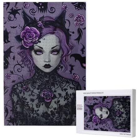 Black Goth Gruseliges bedrucktes Puzzle mit Aufbewahrungsbox, Holzpuzzle für Erwachsene und Kinder, 1000 Teile Familienspaß, dekoratives Spiel