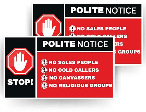 Polite Notice Door Sticker – No Cold Callers, No Sales People, No Canvassers, No Religious Groups – 2 Pack Weatherproof Vinyl Sign for House, Office, Shop, or Gate (140mm x 80mm)