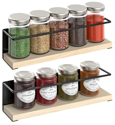 Vinsani 2 & 4 Pack Magnetic Spice Rack – Strong Magnet Herb & Jar Holder | Hanging Rack Wall Mounted No Drill Spice Organiser with Solid Wood Shelf, Modern Minimalist Design (2)