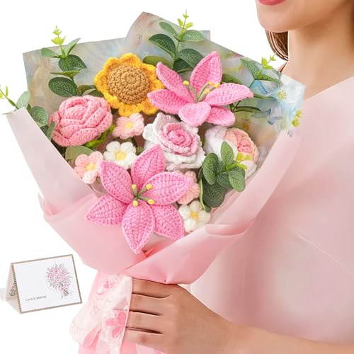 Serwalin Crochet Flower Bouquet, Pink Handmade Knitted Flowers, Lily Sunflower Roses Crochet Flowers for Mother's Day Graduation Lover Teacher Anniversary Birthday Gifts for Girlfriend (Include Card)