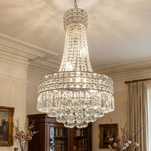 MSSIAN Kronleuchter Vintage Silber Kristall im Empire-Design – Dimmbar & Höhenverstellbar, mit 6 E14-Fassungen für Wohnzimmer, Esszimmer & Flur, Ø 42 cm