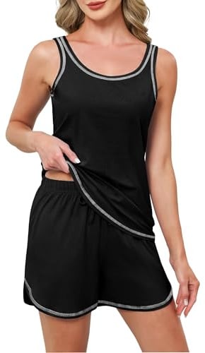 Reliwel Conjunto de pijama de algodón para mujer, camiseta sin mangas y pantalones cortos, ropa de dormir de algodón suave, conjuntos de descanso para mujer