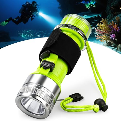 Linterna de buceo, 1500 lúmenes, recargable, LED con 3 modos, IPX8, resistente al agua, linterna subacuática con correa de mano para buceo, camping, senderismo, pesca, plata