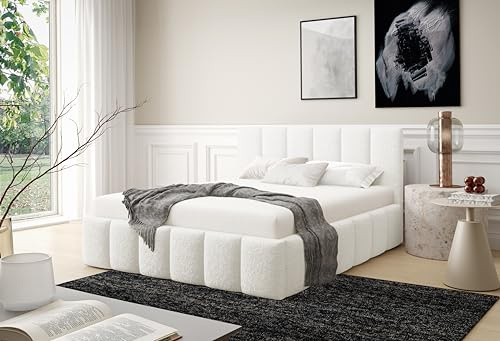 FURNISTAR Polsterbett LINO mit Bettkasten, Bett 180x200, Doppelbett mit Stauraum und Lattenrost, Boxspringbett-Optik, ohne Matratze, Schlafzimmer - Weiß