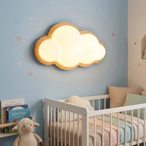 Alpinaluz Kinder Wandlampe 3D Wolkenform mit Holzoptik Eisenbasis und weißem Polycarbonat Schirm, integrierte 12W LED mit dreifarbiger CCT Lichtsteuerung für modernes Schlafzimmer Innenbereich