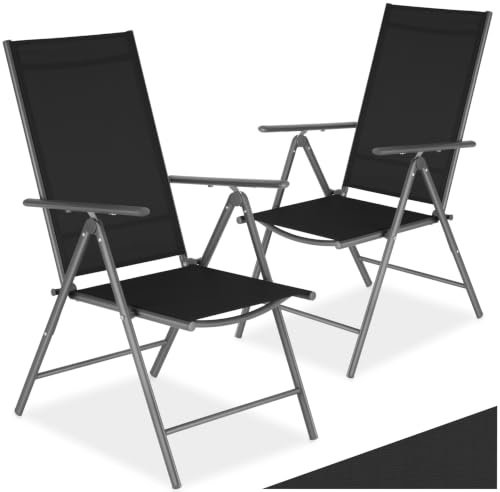 tectake® 2er Set klappbarer Gartenstuhl, 8-Fach verstellbare Rückenlehne, wetterfest, Textilene, Gartenstuhl Hochlehner, Gartenstuhlauflagen, Gartenstuhl Metall, Outdoorstuhl, anthrazit