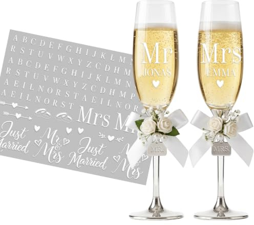 Mr Mrs Stickers, Personalised Wedding Champagne Glass Wedding Gifts Decor | Just Married Stickers, Rub On Wedding Transfers, Bride Groom Name Decals for Champagne Flutes