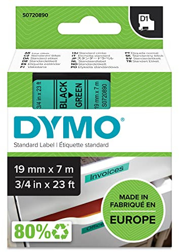 DYMO Authentic D1 Labels | Black Print on Green Tape | 19 mm x 7 m | Self-Adhesive Labels for LabelManager Label Makers | Made in Europe