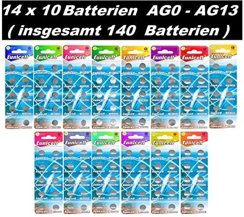 AG Set AG0-AG13 (14 Blistercards a 10 Batterien je AG0, AG1, AG2, AG3, AG4, AG5, AG6, AG7, AG8, AG9, AG10, AG11, AG12, AG13) ; (C) ; EINWEG Eunicell