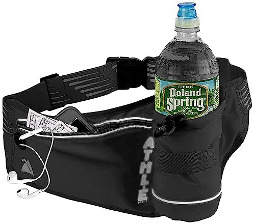 Athle Running Fanny Pack with Water Bottle Holder - Adjustable Run Belt Storage Pouch with Zipper Pocket for Sports and Travel – 360° Reflective Band – Fits iPhone Plus, Galaxy Note – Black/Silver
