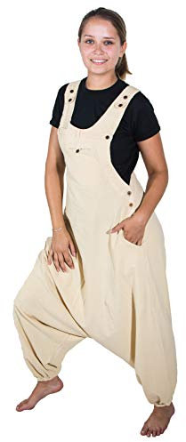 Kunst und Magie Hippie Latzhose Haremshose Hose PSY Goa 70er Overall, Größe:3XL, Farbe:Creme