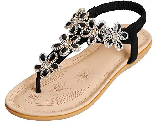 CARETOO Sandales Femme Plates Été Bohème Sandales Confortables Chaussures pour Plage Vacances (Noir, 36 EU)