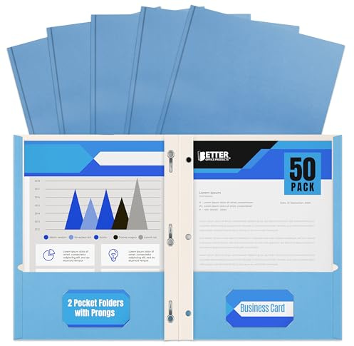 Light Blue Paper 2 Pocket Folders with Prongs, 50 Pack, by Better Office Products, Matte Texture, Letter Size Paper Folders, 50 Pack, with 3 Metal Prong Fastener Clips, Light Blue