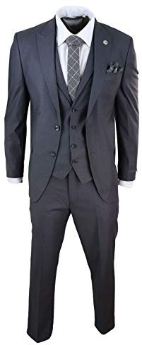 Mens 3 Piece Suit Charcoal Tailored Fit Smart Formal 1920 Classic Vintage Gatsby