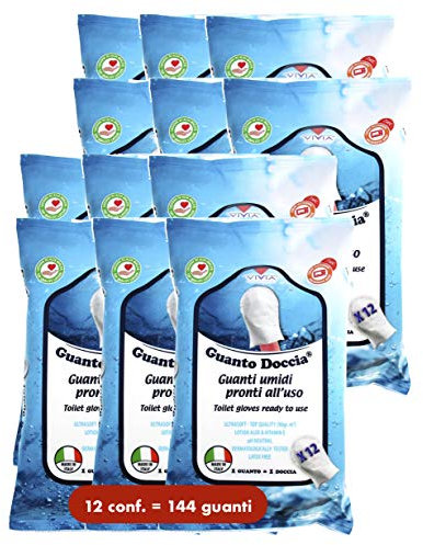 Guanto Doccia® - Lot de 12 paquets de gants de douche (144 au total), humides et savonneux pour l’hygiène du corps, prêts à l’emploi, sans rinçage, fabriqué en Italie