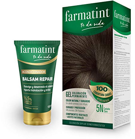 farmatint Tinte 5N Castaño Claro + Acondicionador reparador, Color natural y duradero, Componentes vegetales y aceites naturales, Sin amoníaco, Dermatológicamente testado, Castaño