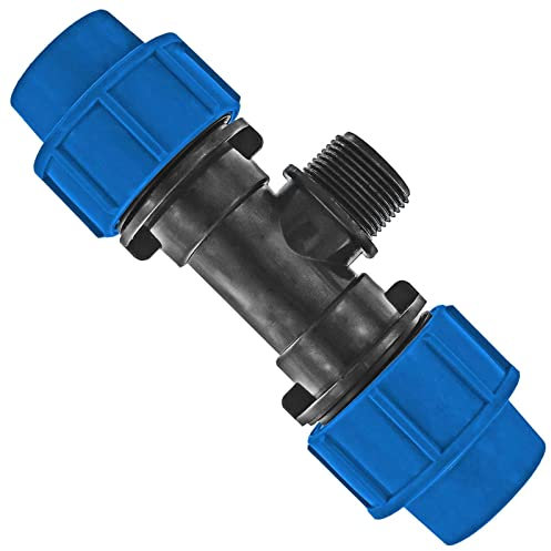MegaHaustechnik Klemm Ring Verbinder Fitting aus Kunststoff PP T Stück mit 1 1/4 Zoll Außengewinde, 2 Muffen Anschlüsse zum Verschrauben für PE Rohr Außendurchmesser 32mm i-AG-i PN16 Trinkwasser