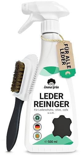 Emma Grün® Lederreiniger & Alcantara Reiniger 500ml [+WILDLEDERBÜRSTE] - Lederpflege Auto für Autositze - Kunstleder & Wildleder Reiniger - Leder Reinigung Auto & Schuhe - Made in Germany
