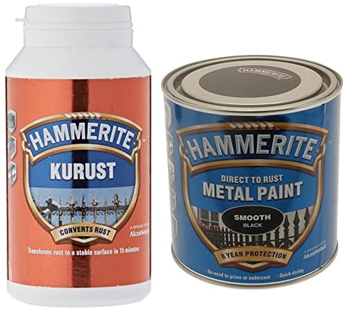 Hammerite 5092820 Kurust, 250 ml, Blue & Direct to Rust Metal Paint - Smooth Black Finish 250ML