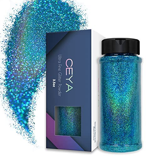 Ceya 3.5oz/ 100g Holographic Ultra Fine Glitter Powder Laser Sky Blue Glitter 1/128” 0.008” 0.2mm for Slime Epoxy Resin Craft Tumbler Jewelry Nail Art Festival Makeup Scrapbook Painting Wedding Cards