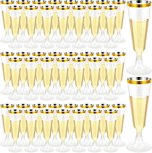 CHENGU 200 Pack 5 oz Gold Rim Plastic Champagne Flutes, Disposable Shatterproof Champagne Glasses Toasting Wine Glasses Cocktail Cups for Wedding, Parties, New Year's Eve for Celebration