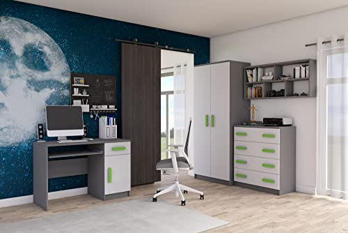 Fabryka Mebli Idźczak 4-teiliges Kinderzimmer-Set Jonas II 02 - Schrank, Wandregal, Kommode, Schreibtisch - Kleiderschrank - Skandinavischer Stil - Modern Design - Weiß/Grün