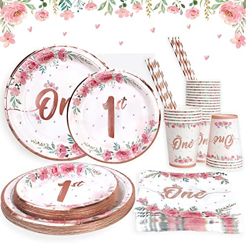 Heboland 1 Geburtstag Mädchen Pappteller Set, rosa Goldfolie 1. Geburtstag Mädchen wiederverwendbare Partygeschirr für 25 Gäste, 125pcs Geburtstagsdeko 1 jahr Mädchen