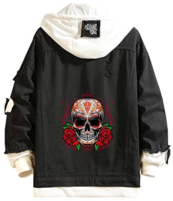 Crâne Rose Sweat à Capuche en Jean Veste à imprimé tête de Mort Une Rose Sweat à Capuche Veste en Jean pour Femme Homme