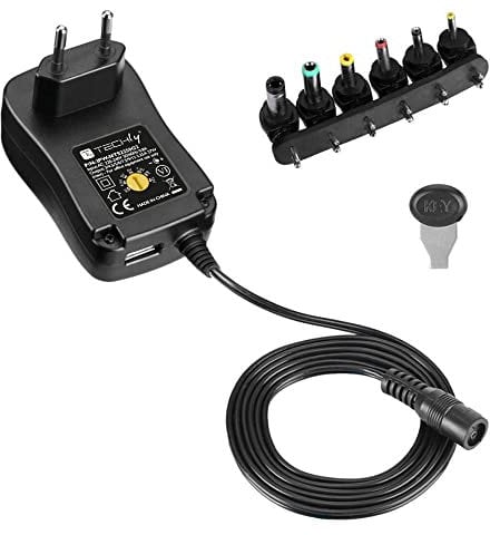 Techly 365337 Alimentatore Universale Regolabile 27W AC/DC 3V-12V 2250 mA con 6 Spine DC Porta USB 1A Nero