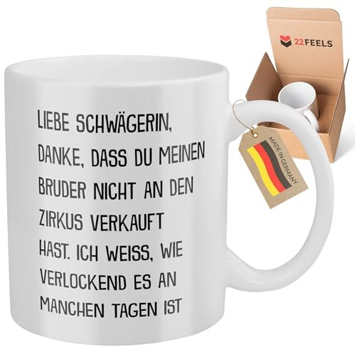 22Feels Super Schwägerin Tasse mit Spruch Zirkus Geschenk für Bruder und Frau Lieblings Geburtstag Weihnachten Idee