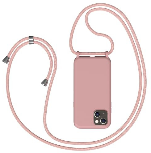 Coqinen Handyband für iPhone 13 Hülle mit Band, Necklace iPhone 13 Silikon Handyhülle mit Kordel zum Umhängen Handy Schutzhülle mit Kette, Rosa