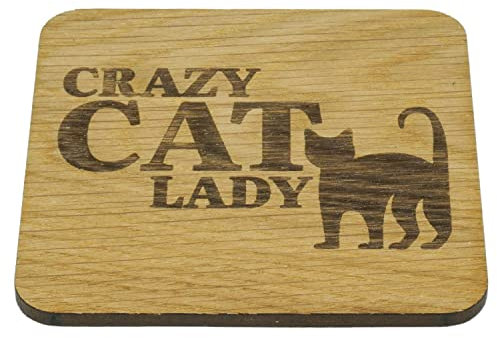 Crazy Cat Lady Oak Veneer Coaster. Gift for Her. Kitty Lover Present. Cute Coaster. Cat Mum Present. 9.7cm x 9.7cm Drinks Mat
