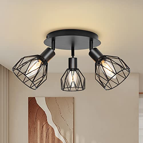 KYOTECH Schwarz 3-flammige E14 Spotlampe LED Deckenleuchte Spot schwenkbar 350° und drehbar Deckenstrahler E14 Spotleuchte Deckenlampe für 3x Leuchtmittel Deckenlampe ohne Leuchtmittel