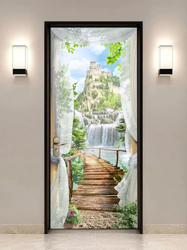 FLFK 3D Vue du château Autocollant Porte Affiche pour Cuisine Chambre Salle de Bain Auto-adhésif Amovible Murale Décoration 77X200cm