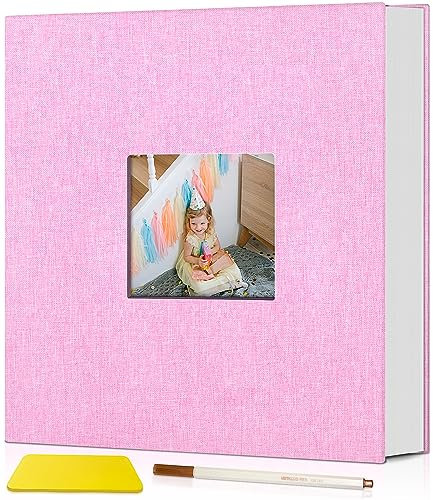 Popotop Fotoalbum, selbstklebend, mit Sichtfenster, 60 Seiten, DIY-Scrapbook Album für 10 x 6 25,4 x 30,5 cm, Leineneinband, Erinnerungsbuch für Baby-Hochzeit, mit Schaber und Metallic-Stift