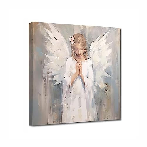 LZIMU Engelsbild auf Leinwand abstrakte weiße Drucke Engelsposter Gemälde für Zuhause Wohnzimmer Schlafzimmer Büro Dekoration mit Rahmen (Engel-1,(40.00 x 40.00 cms))