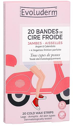 EVOLUDERM – 20 Bandes Dépilatoires de Cire Froide - Jambes & Aisselles - Ingrédients d'Origine Naturelle - Végan - Fabrication Française