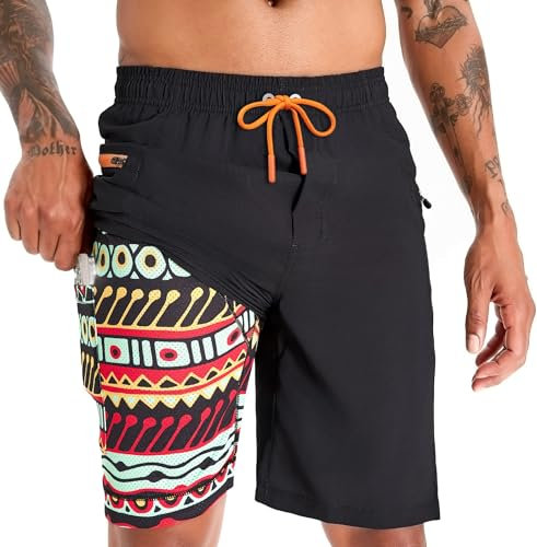 APTRO Herren Badehose Lang mit Kompression Liner Schnelltrocknend Badeshorts Schwimmhose 2 in 1 Badehosen mit Reißverschlusstasche Innenhose Surfen Strandhose Böhmen MK283 XXL