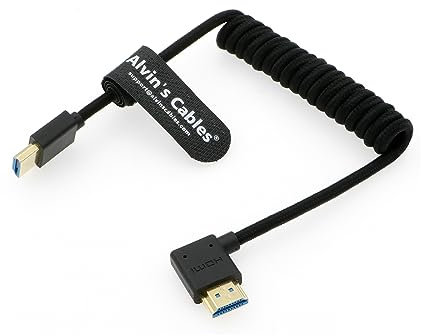 Alvin's Cables Ultra HD 8K HDMI 2.1 Braided Coiled Cable HDMI for Atomos Ninja V, Portkeys BM5, for Feelworld Monitor, for Canon C300, Z CAM E2, for Sony FS5| FS7| A7S3 Cameras Straight to Left Angle
