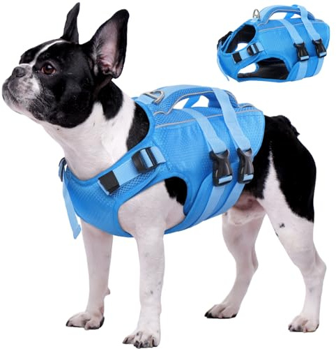 Kuoser Schwimmweste Hund mittel, Hunde Schwimmweste mit Griff, Blau M | Ripstop Hunde Schwimmweste mit hohem Auftrieb, verstellbar für kleine mittelgroße & große Hunde, mit reflektierenden Streifen