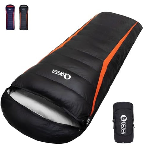 QEZER Daunenschlafsack, Winterschlafsack, 600FP+ Premium-Daunen, 12°C bis -24°C, leicht und warm für 3-4 Jahreszeiten, Camping, Wandern und Outdoor-Trekking (Schwarz/Orange 8℃)