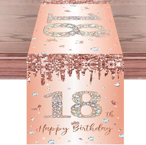 Tischläufer 18 Geburtstag Roségold Happy 18th Birthday Tischband zum 18. Geburtstag Mädchen Frauen Ihr Geburtstag Jahrestag Feier Party Dinner Tisch Leinen Tischdecke Deko für Zuhause, 180x35 cm Lang