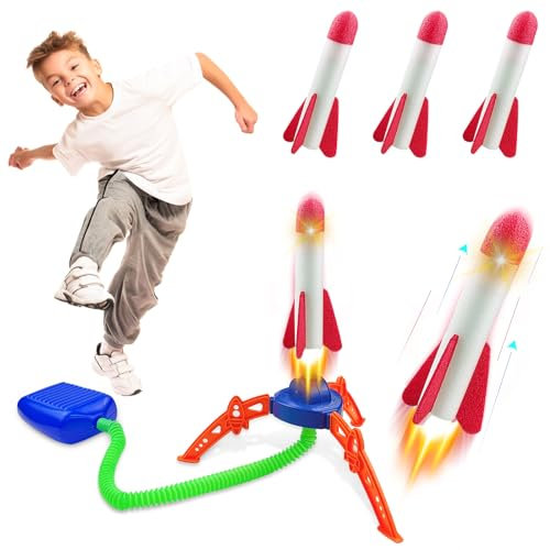 6 Raketen Luftdruck Outdoor Spielzeug für Kinder - Draußen Kinderspielzeug Ab 3-12 Jahre