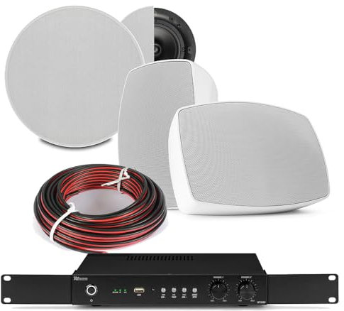 Power Dynamics 2-Zone Kitchen & Patio Speaker System with QI65C Ceiling & 6.5 Outdoor Speakers, Home Multi Room Sound System, Weatherproof Patio Audio Kit, Kitchen Ceiling Speaker