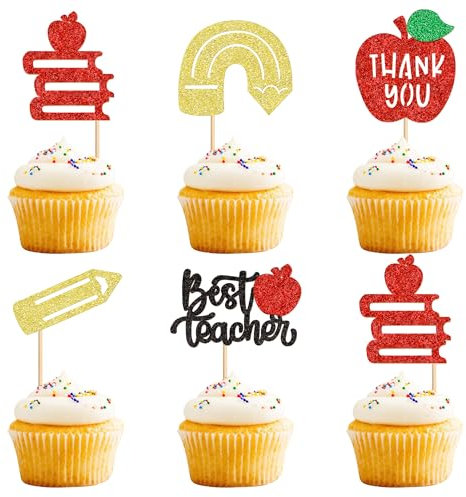 Ercadio 30PCS Teachers's Day Cupcake Toppers Glitter Best Teacher Cake Picks Thank You Apple Pencil Stationery for Baby Shower Birthday Anniversary Thanksgiving Day Party Cake Decoration