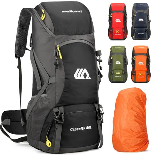 Kugooyi 50L Wanderrucksack mit Regenschutz Wasserdicht Leichtes Camping Outdoor Sport Trekking Klettern Skifahren Reisetasche (Schwarz)