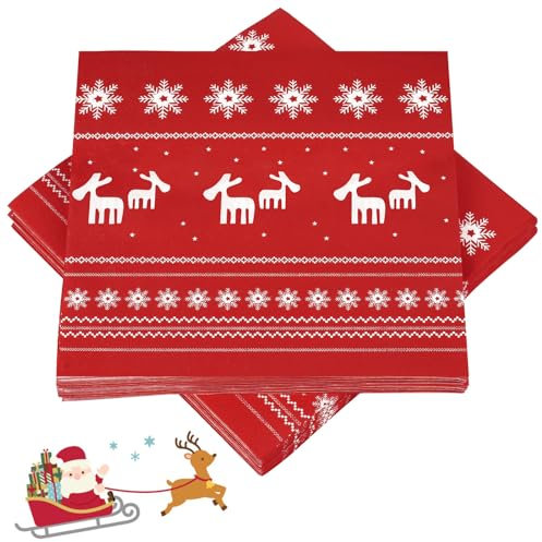 40 Stück Servietten Weihnachten Rot, Papierservietten Weihnachten, 2 Lagige Christmas Napkins mit Elch Schneeflocke Motiv, für Weihnachten Party Tischdeko(33 X 33cm)